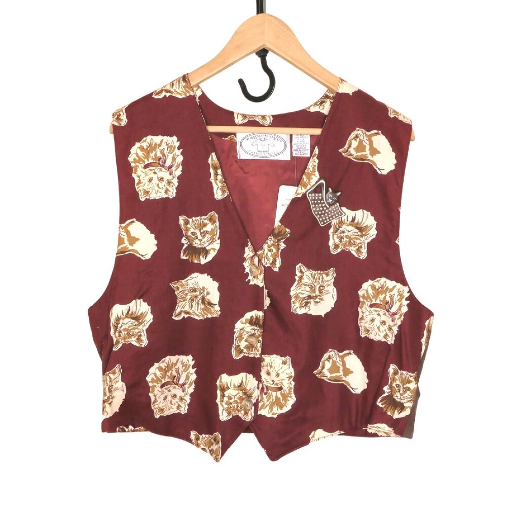 NOS VTG Eagle's Eye Collectibles Women's Sz XL Cat Vest Wine Red Boho Hippie